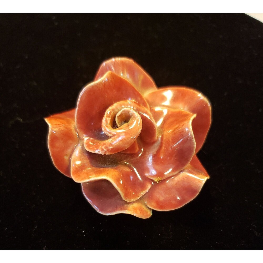 Vintage Unsigned Ceramic Rose Flower Brooch Pin Opening Petals Of Soft Red Rose